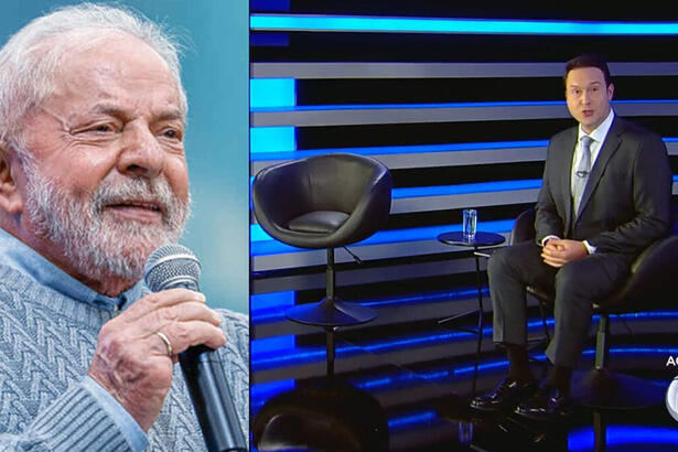 Montagem Lula e cenário da sabatina com o apresentador e cadeira vazia