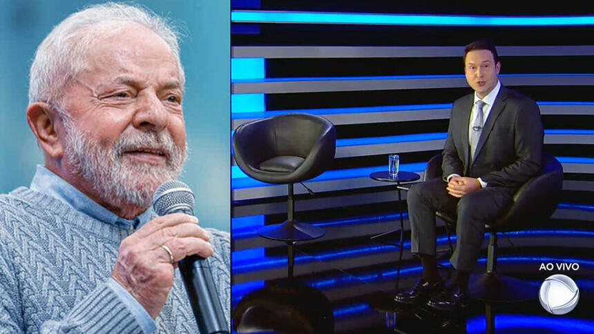 Montagem Lula e cenário da sabatina com o apresentador e cadeira vazia