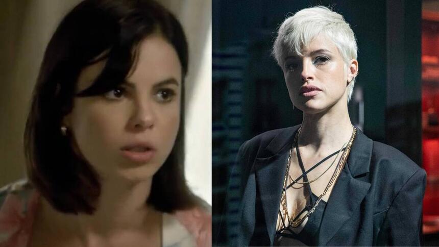 Donatela (Sthefany Brito) em Amor sem Igual; montagem com Agatha Moreira (Giovanna) em Verdades Secretas II