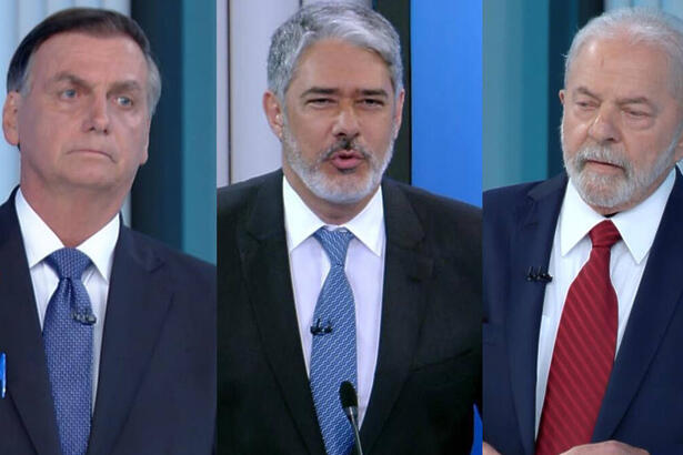 Bolsonaro, Bonner e Lula em uma montagem, em trechos do debate na TV Globo