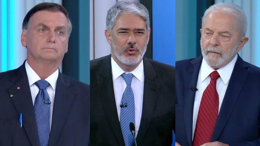 Bolsonaro, Bonner e Lula em uma montagem, em trechos do debate na TV Globo