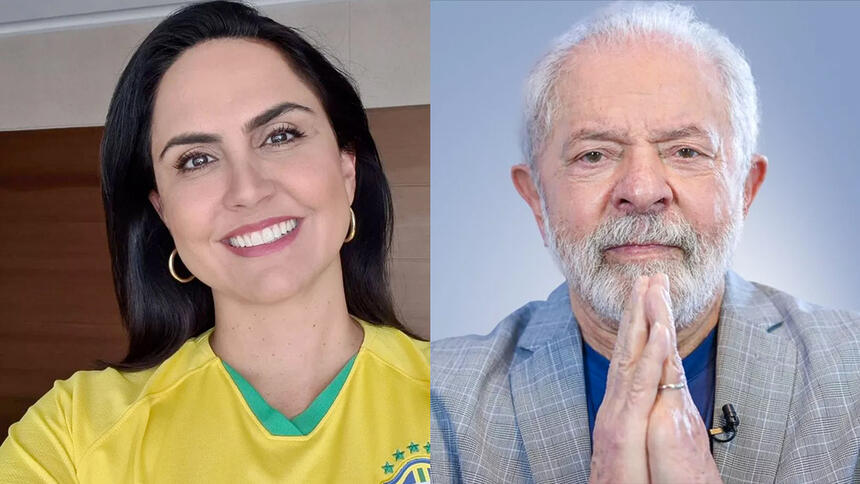 Carla Cecato de camisa do braisl, sorrindo; Lula com as mãos juntas, semblante sério durante ensaio fotográfico