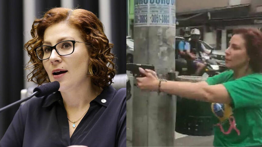 Carla Zambelli com uma arma empunhada