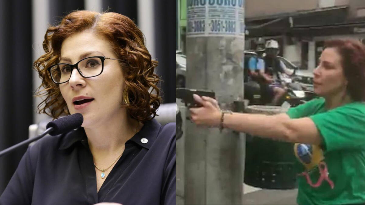 Carla Zambelli com uma arma empunhada