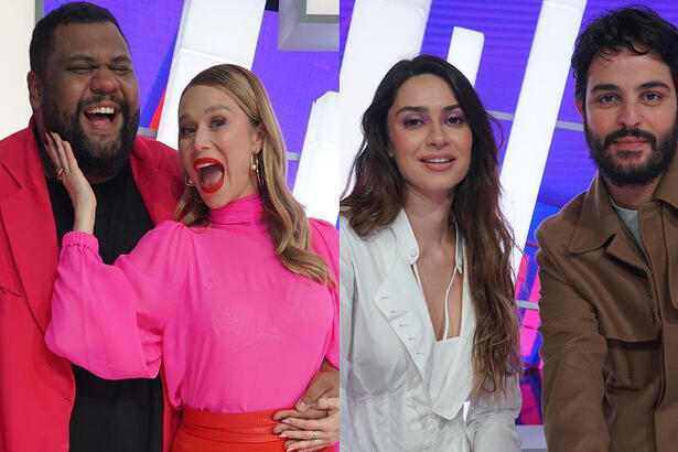 Montagem de Mariana Ximenes, Jhon Drops, Thaila Ayala e André Nicolau durante gravação do Caldeirão