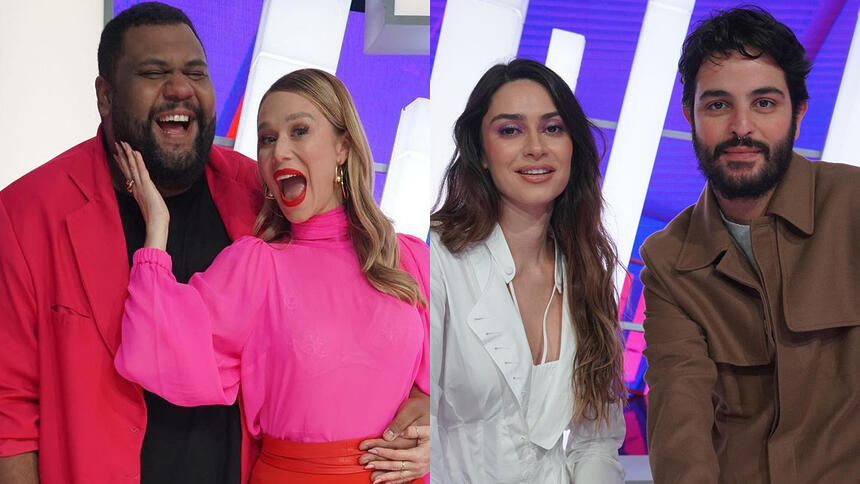 Montagem de Mariana Ximenes, Jhon Drops, Thaila Ayala e André Nicolau durante gravação do Caldeirão