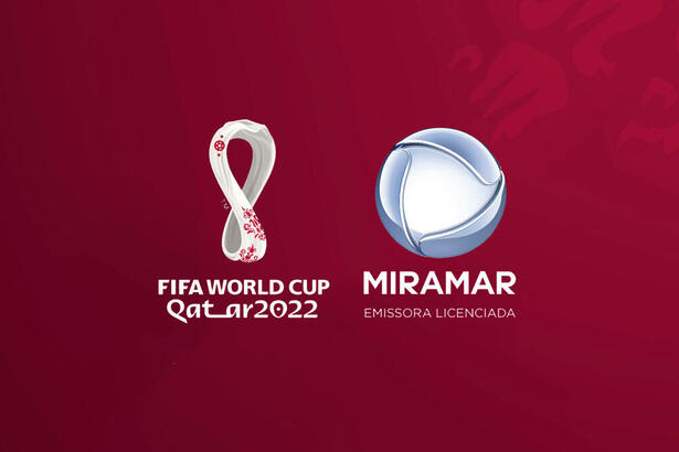 Logo da Copa do Mundo de 2022 e da TV Miramar lado a lado