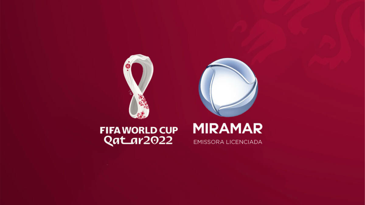 Logo da Copa do Mundo de 2022 e da TV Miramar lado a lado