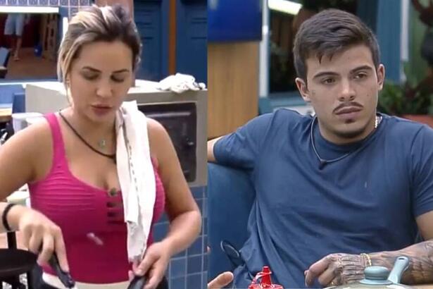 Deolane Bezerra cozinhando no fogão em montagem com Thomaz Costa sentado na mesa da sede