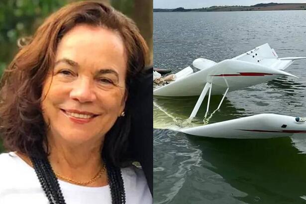 Edna Tralli e pedaços do avião em uma montagem