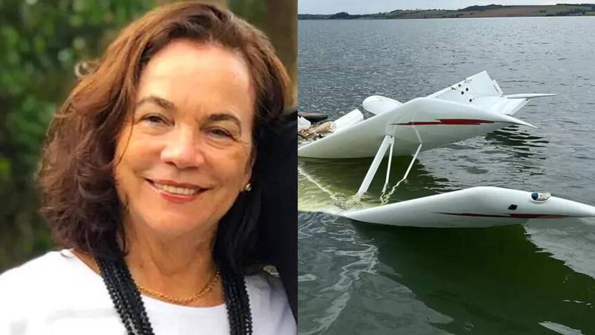 Edna Tralli e pedaços do avião em uma montagem