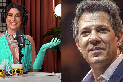 Fernanda Paes Leme de vestido e luva verde apontando com a mão esquerda; Haddad de perfil durante ensaio fotográfico para campanha política