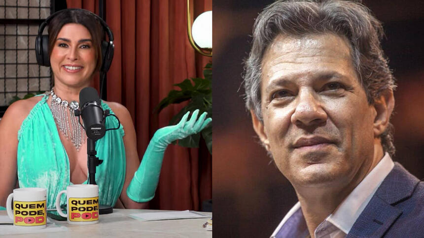 Fernanda Paes Leme de vestido e luva verde apontando com a mão esquerda; Haddad de perfil durante ensaio fotográfico para campanha política