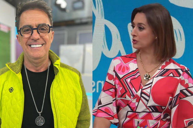 Fenrnado Fernandes, nos estúdios do Esporte Total, em montagem com Catia Fonseca, no Melhor da tarde