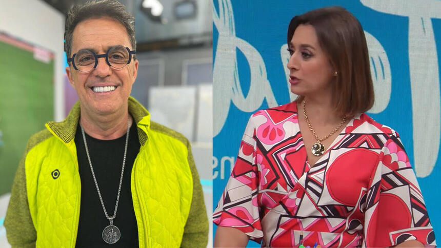 Fenrnado Fernandes, nos estúdios do Esporte Total, em montagem com Catia Fonseca, no Melhor da tarde