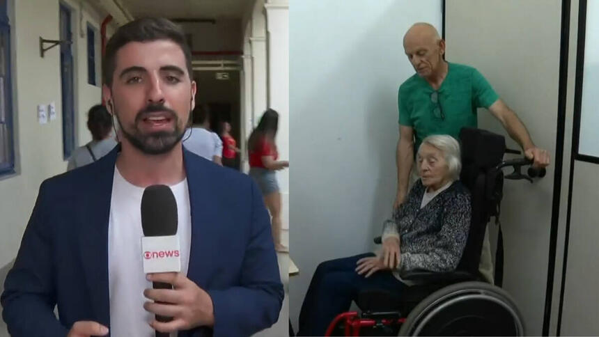 Repórter Mateus Marques durante entrada ao vivo na GloboNews, em montagem com uma eleitora de 103 anos na cadeira de rodas