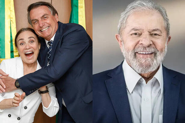 Regina Duarte abraçada com Bolsonaro; Lula sorrindo