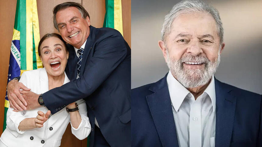 Regina Duarte abraçada com Bolsonaro; Lula sorrindo