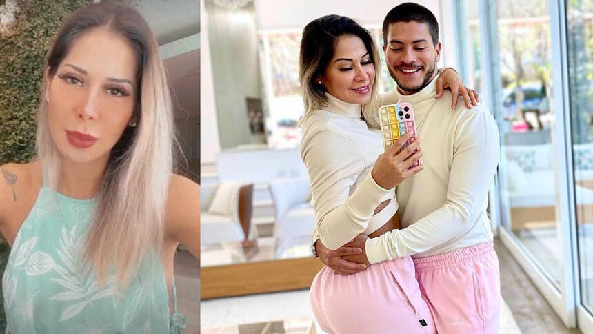 Montagem Maíra Cardi de vestido azul; Maira Cardi sorrindo, abraçada com Arthur Aguiar