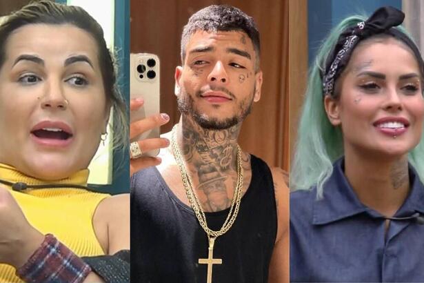 Montagem com Deolane Bezerra e Tati Zaqui em A Fazenda 14. Mc Kevin tirando foto no espelho segurando um celular