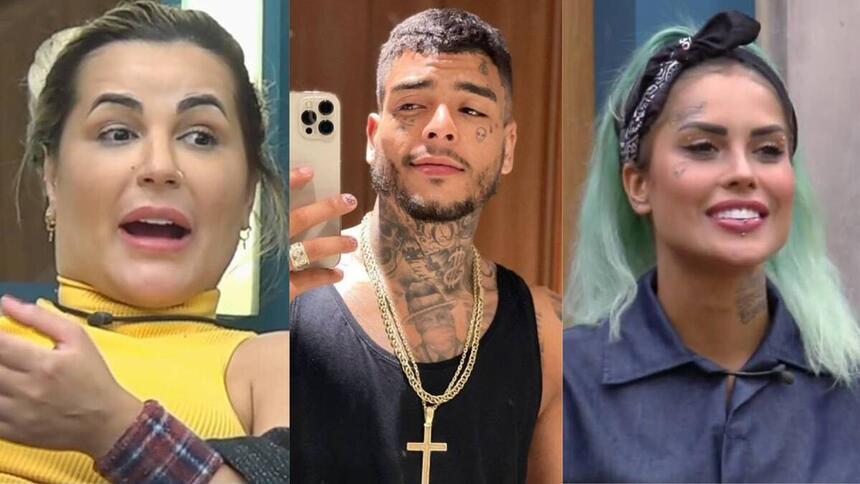 Montagem com Deolane Bezerra e Tati Zaqui em A Fazenda 14. Mc Kevin tirando foto no espelho segurando um celular