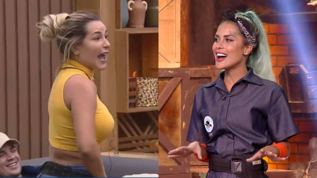 Montagem de Deolane gritando na sala de A Fazenda 14 e Tati Zaqui sorrindo durante a Prova do Fazendeiro