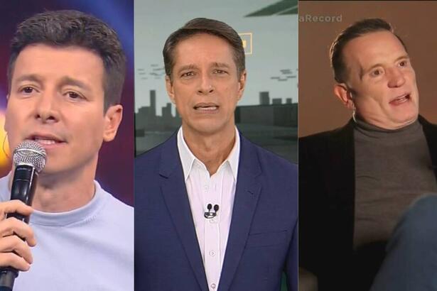 Montagem com Rodrigo Faro, Sergio Aguiar, Roberto Cabrini apresentadores do Hora do Faro, Domingo Espetacular e Câmera Record