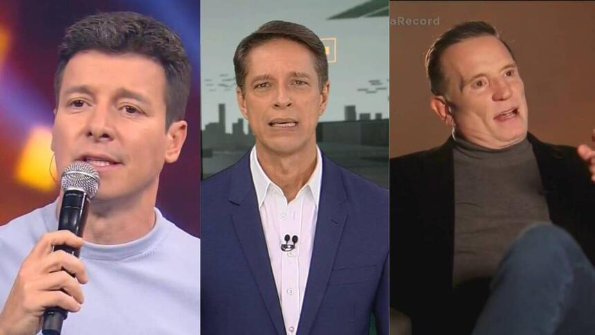 Montagem com Rodrigo Faro, Sergio Aguiar, Roberto Cabrini apresentadores do Hora do Faro, Domingo Espetacular e Câmera Record