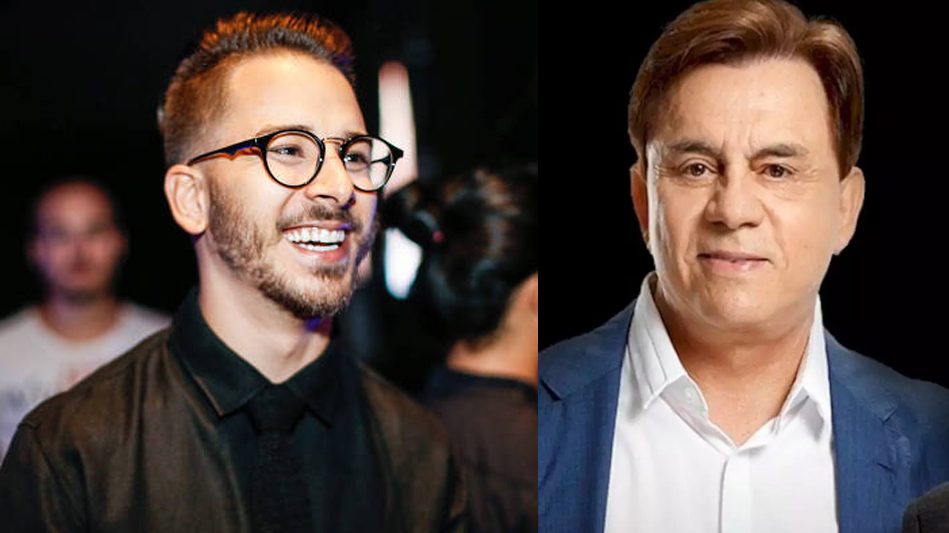 Junior lima sorrindo de oculos e camisa social preta; Chitãozinho de blazer azul e camisa social branca para ensaio fotográfico