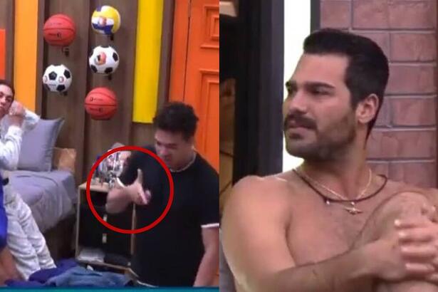 Montagem com Lucas fazendo sinal de arma de fogo para Shayan que está sentado em sua cama perplexo em A Fazenda 14