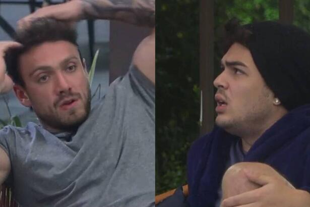 Montagem com Vini Buttel mexendo no cabelo minutos antes de discutir com Lucas que aparece com olhar furioso na foto 2