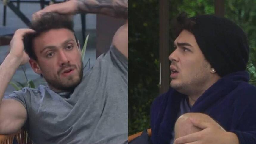 Montagem com Vini Buttel mexendo no cabelo minutos antes de discutir com Lucas que aparece com olhar furioso na foto 2