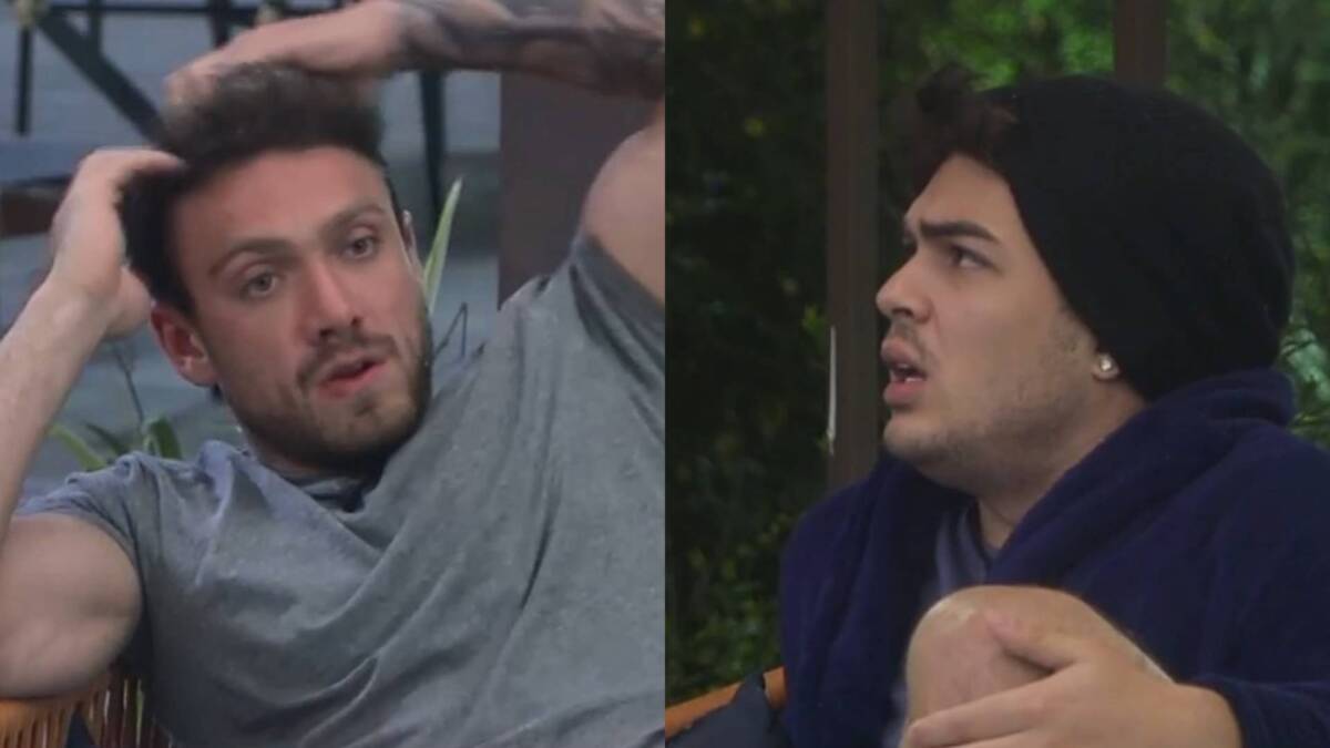 Montagem com Vini Buttel mexendo no cabelo minutos antes de discutir com Lucas que aparece com olhar furioso na foto 2