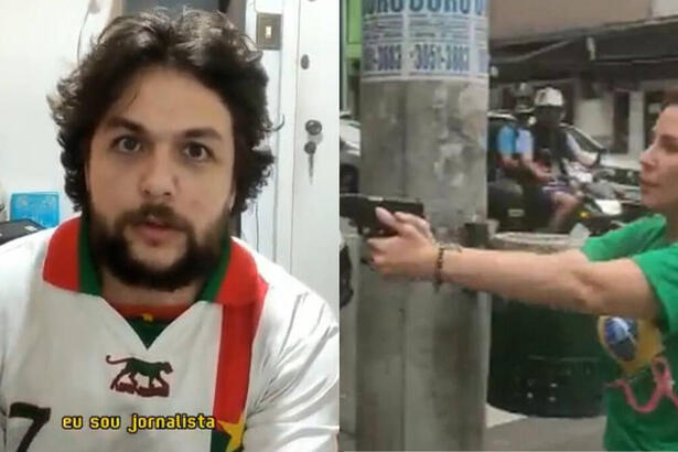 Montagem com Vinícius Costa e a deputada Carla Zambelli com arma na mão na rua, em vídeo feito pelo jornalista