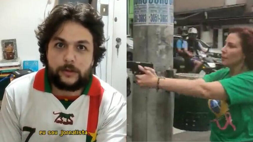 Montagem com Vinícius Costa e a deputada Carla Zambelli com arma na mão na rua, em vídeo feito pelo jornalista