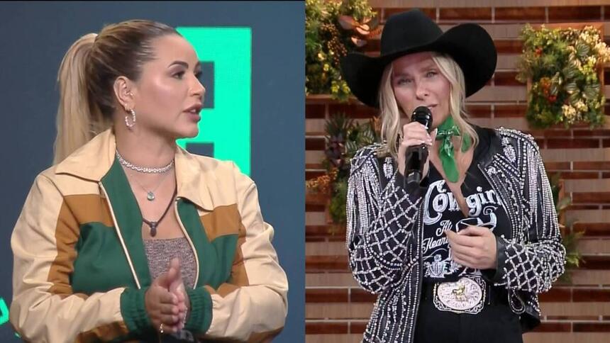 Montagem com Deolane e Adriane Galisteu na eliminação de A Fazenda 14