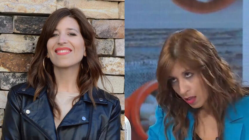 Montagem com a nutricionista Teresa Cóccaro em foto profissional e desmaiando na bancada do programa de TV argentino