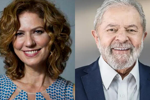 Montagem Patricia Pillar sorrindo de camisa estampada azul e branca; lula de blazer azul e camisa social branca sorrindo