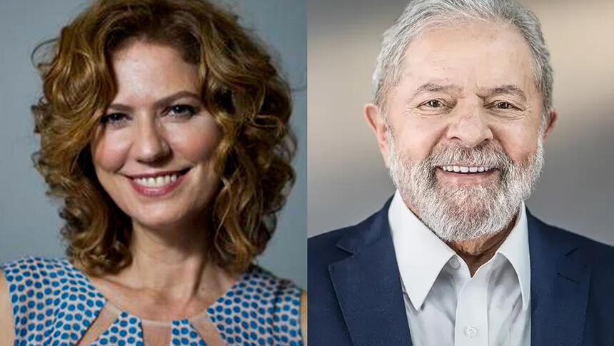 Montagem Patricia Pillar sorrindo de camisa estampada azul e branca; lula de blazer azul e camisa social branca sorrindo