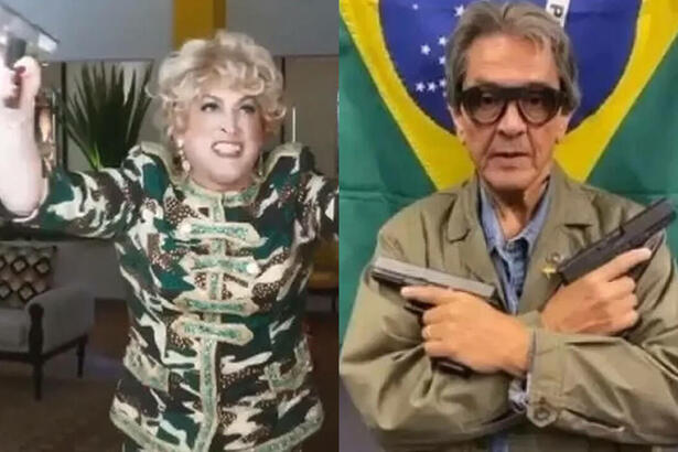 Montagem com personagem de Paulo Gustavo em 220 Woltz, no Mutishow; Roberto Jeffersson segurando duas armas na frente da bandeira do Brasil