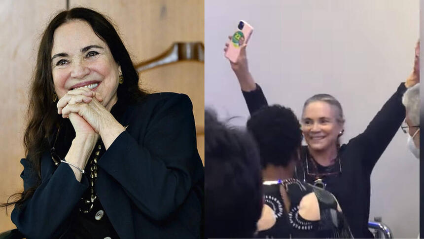 Regina Duarte em foto de reprodução, em motagem em trecho dela sendo vaiada no teatro