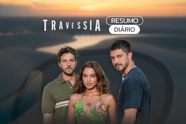 Arte de divulgação do resumo diário da novela Travessia