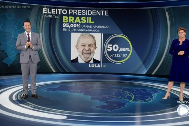 Telão da Record TV mostra Lula eleito presidente do Brasil nas eleições 2022