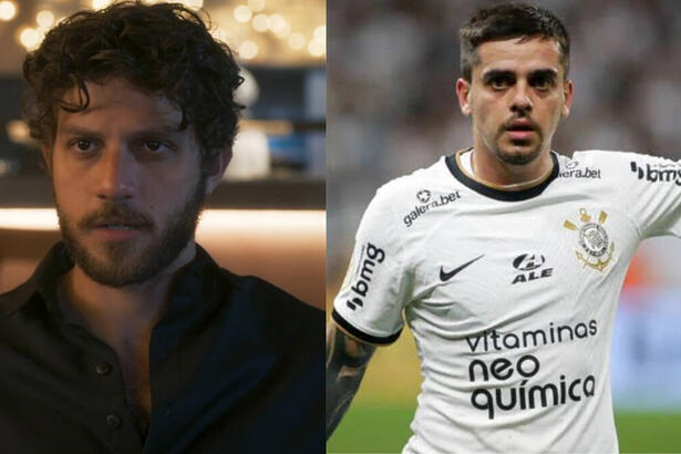 Ator Chay Suede como Ari em trecho da novela Travessia; montagem com o jogo Fagner com a camisa do Corinthians