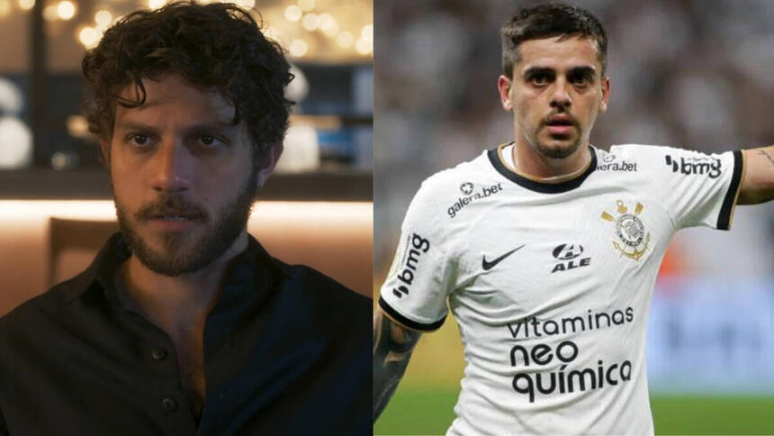 Ator Chay Suede como Ari em trecho da novela Travessia; montagem com o jogo Fagner com a camisa do Corinthians