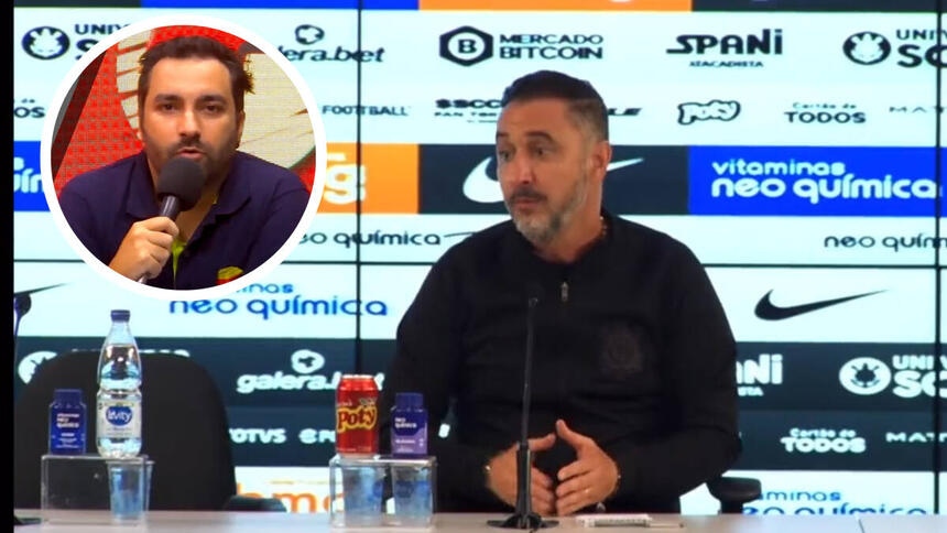 Vítor Pereira em trecho da coletiva em montagem com uma foto do repórter Marco Bello, em um círculo menor no canto superior esquerdovi