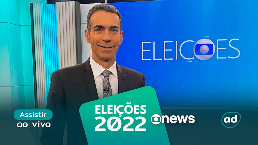 Cesar Tralli na arte de divulgação do "Assistir ao vivo" da GloboNews nas Eleições 2022