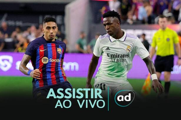 Rafinha e Vinícius Junior em campo com camisa do Real Madrid e Barcelona, na arte de saiba onde asssitir