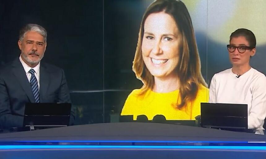 William Bonner e Renata Vasconcelos emocionados durante gravação do Jornal Nacional, da TV Globo