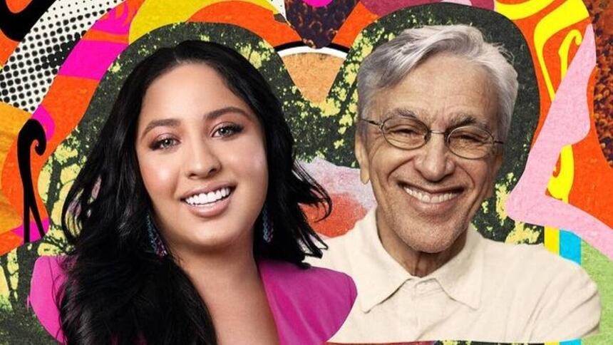 Mari Fernandes e Caetano Veloso sorrindo na capa do Spotify single